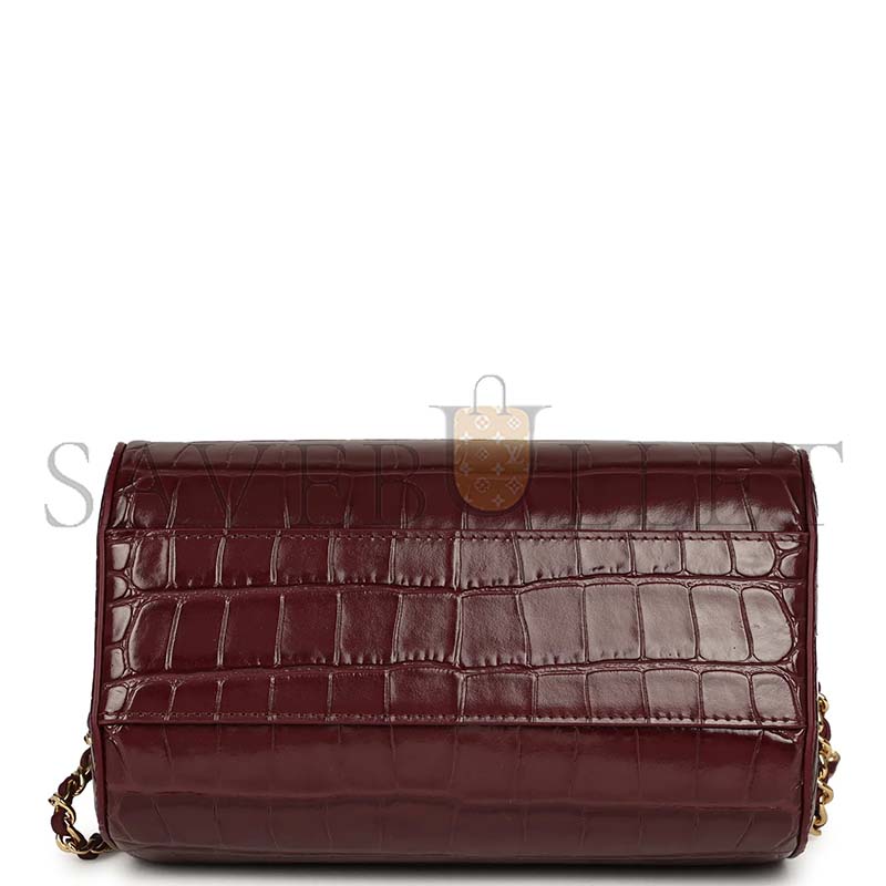 CHANEL MINI TIMELESS CLASSIC BARREL BAG WITH CHAIN DARK BURGUNDY CROCO EMBOSSED CALFSKIN GOLD HARDWARE AS5390 (18*13*10cm)